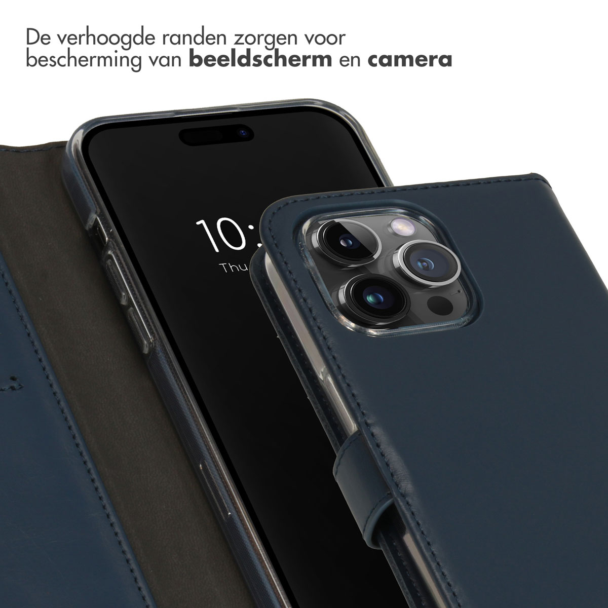 Custodia blu con schermo. Il telefono mostra le 10:00. Sfondo bianco.