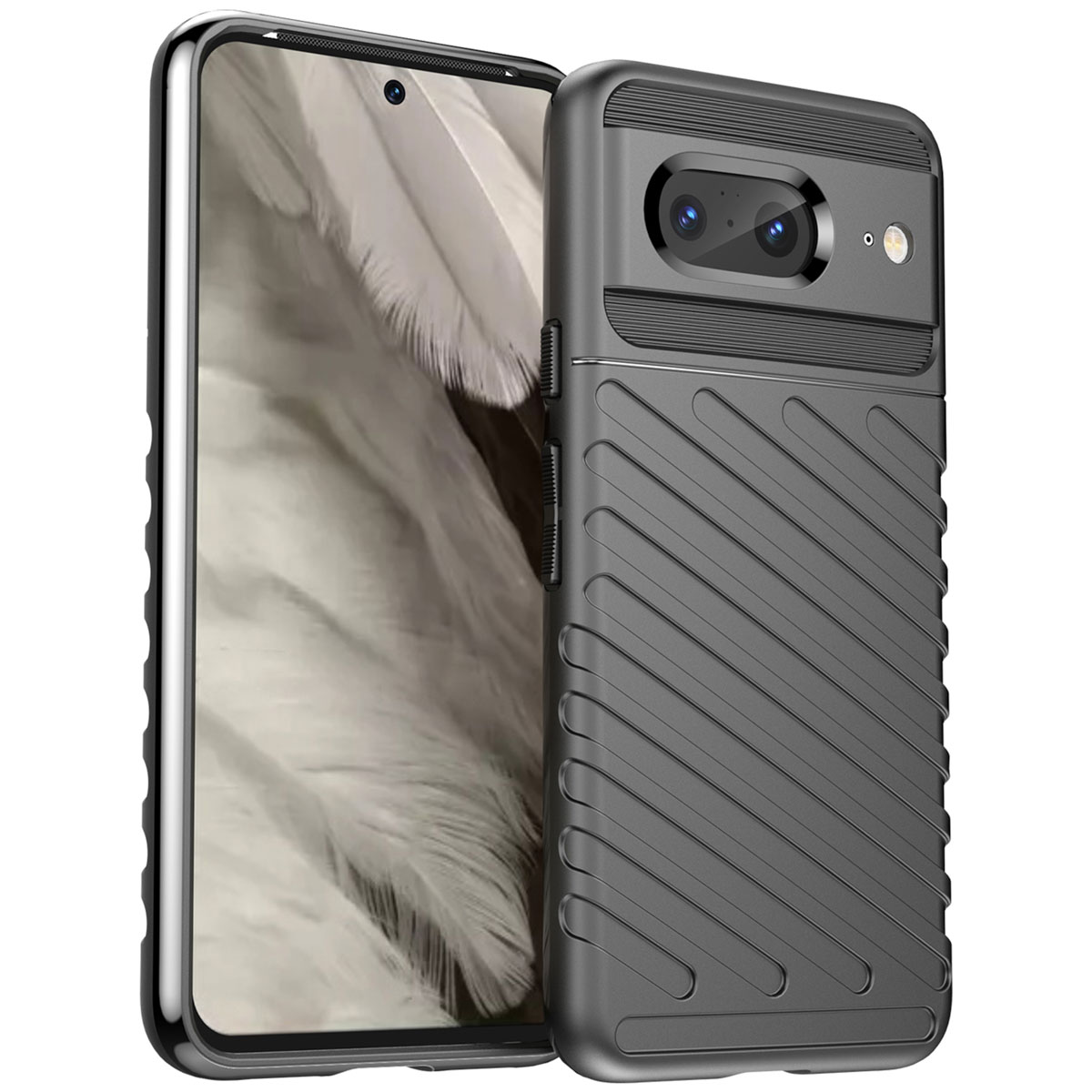 Coque de téléphone noire avec design texturé gris, à côté de l'écran du téléphone.