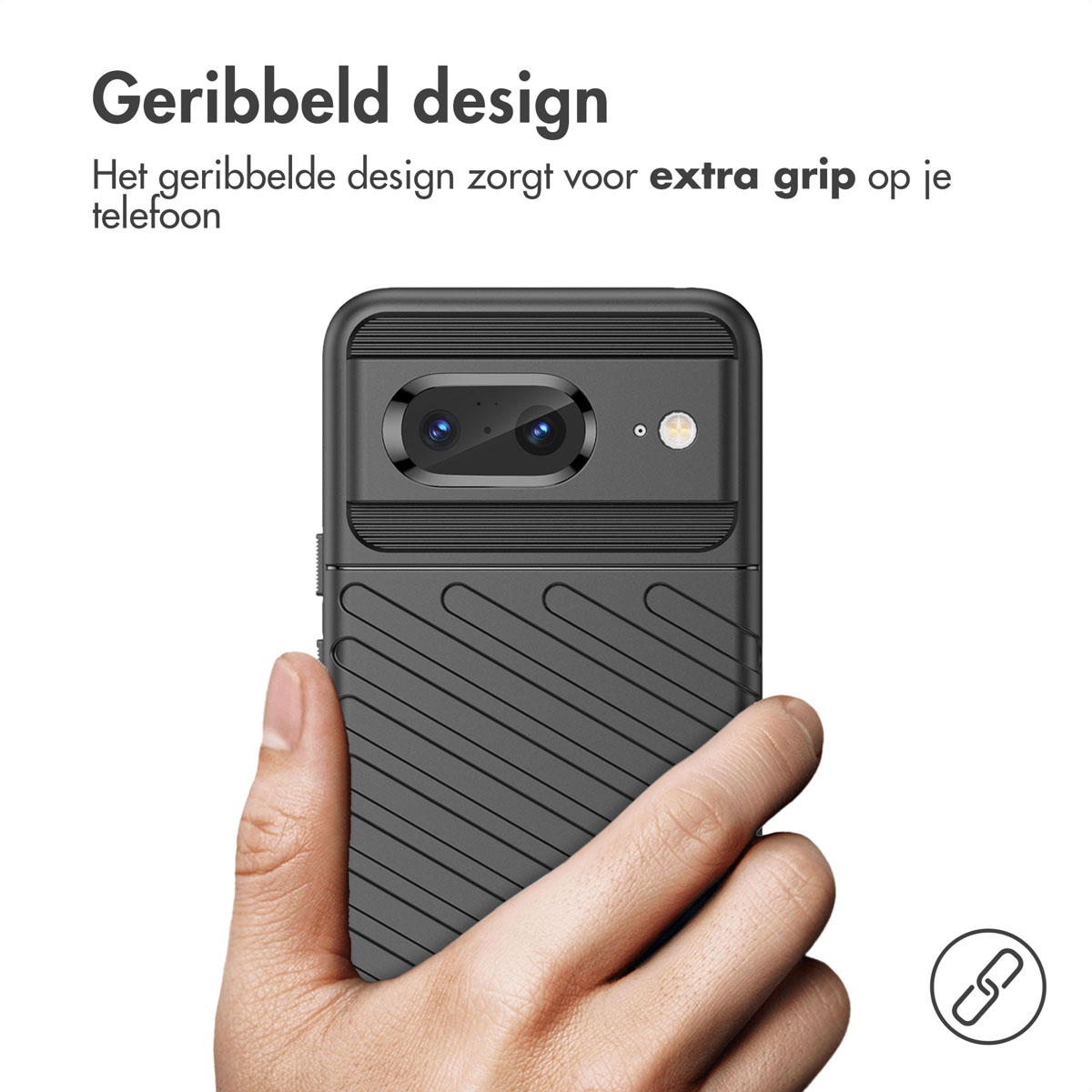 Une main tenant un téléphone avec une coque noire texturée. Le texte dit design côtelé et prise en main supplémentaire.