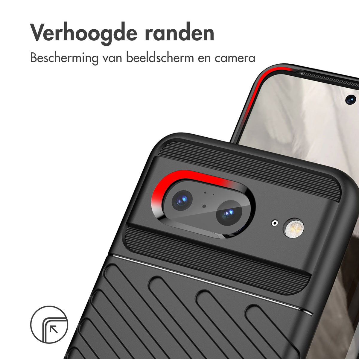 Coque de téléphone noire sur un téléphone avec caméra. L'écran est visible. Détail rouge.