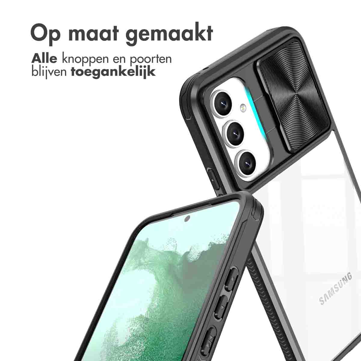 Coque de téléphone avec curseur de caméra. Texte : tous les boutons, ports et l'appareil photo restent accessibles.