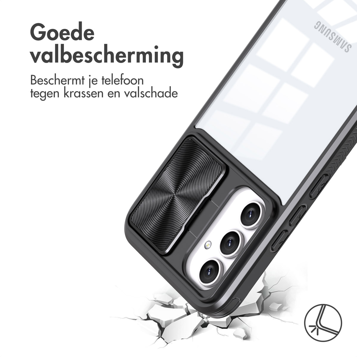Coque noire pour téléphone avec cache caméra et logo Samsung, sur sol craquelé.