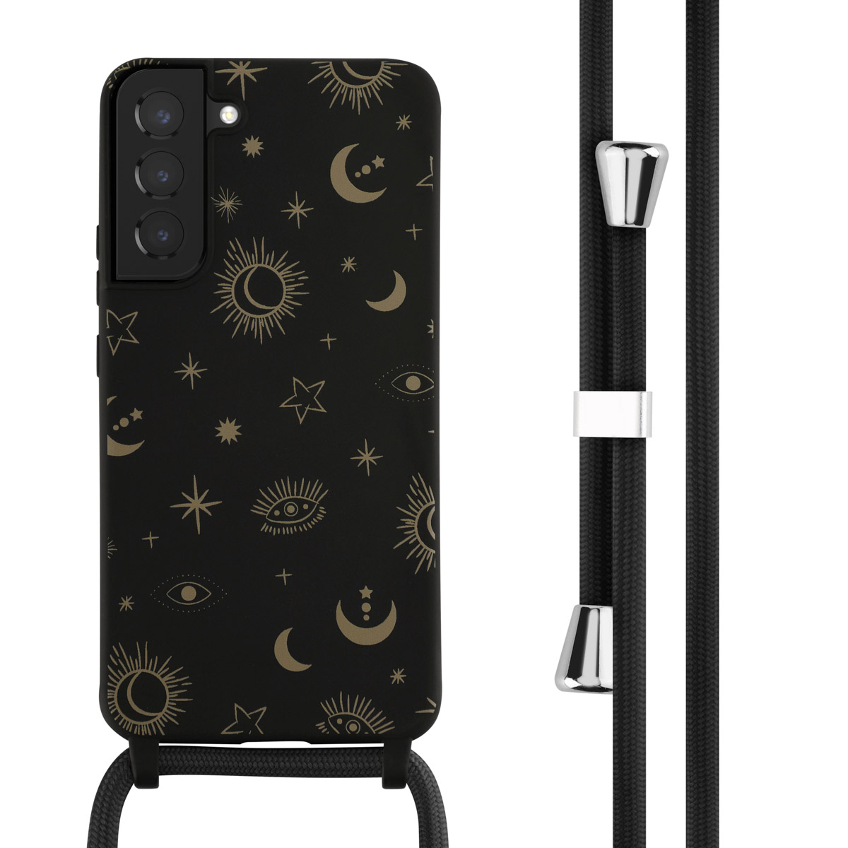 Coque de téléphone noire avec un design céleste, avec un cordon noir.