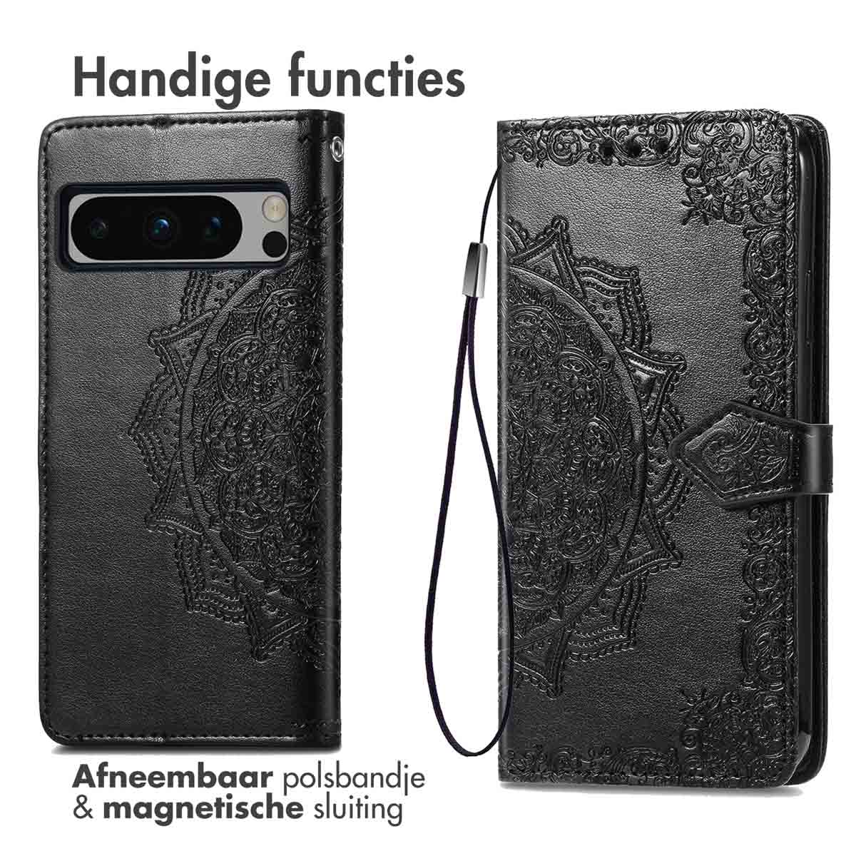 Coque de téléphone noire avec mandala en relief, dragonne amovible et fermeture magnétique.