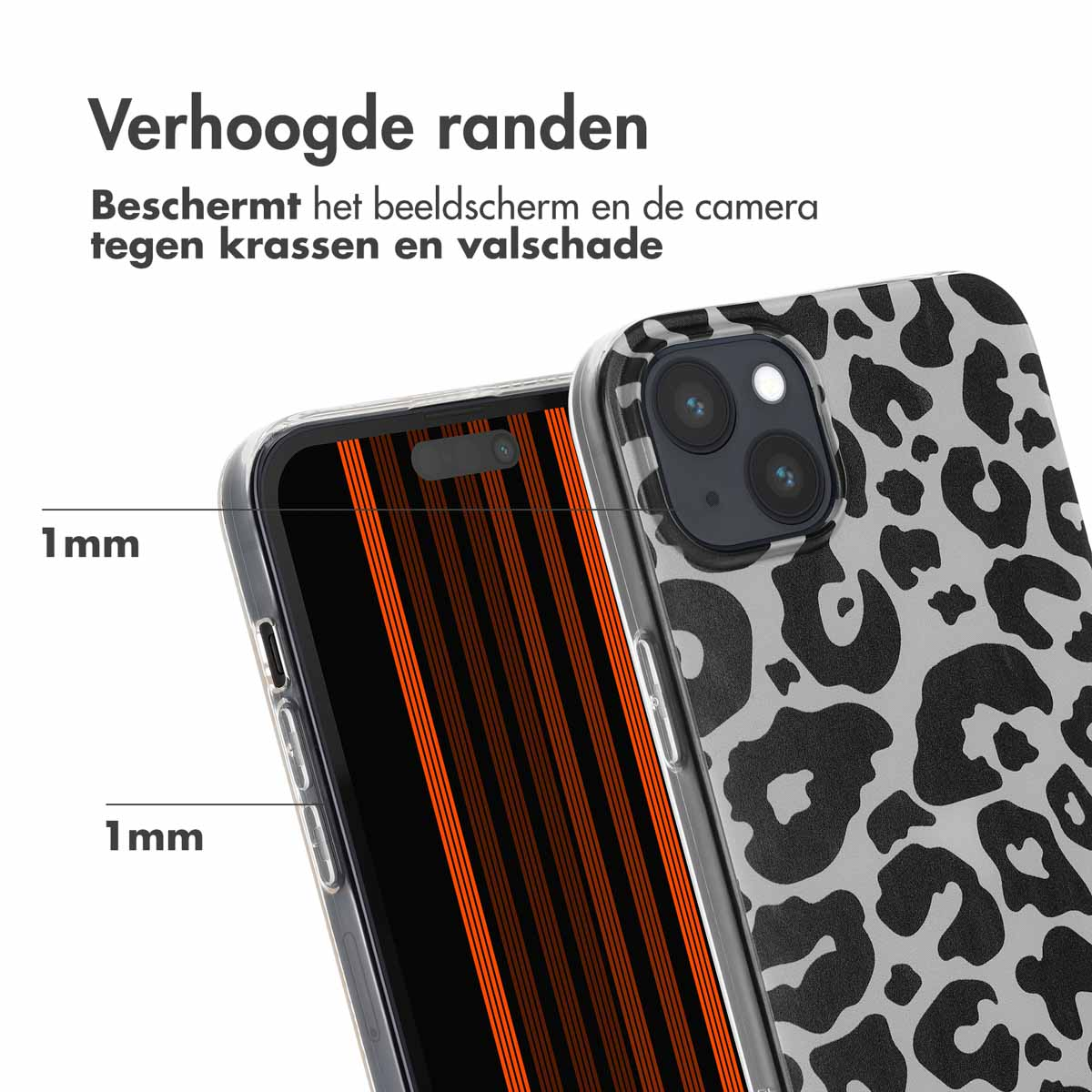 Telefoon met een luipaardprint hoes, met de verhoogde randen. 1 mm markeringen zijn zichtbaar.