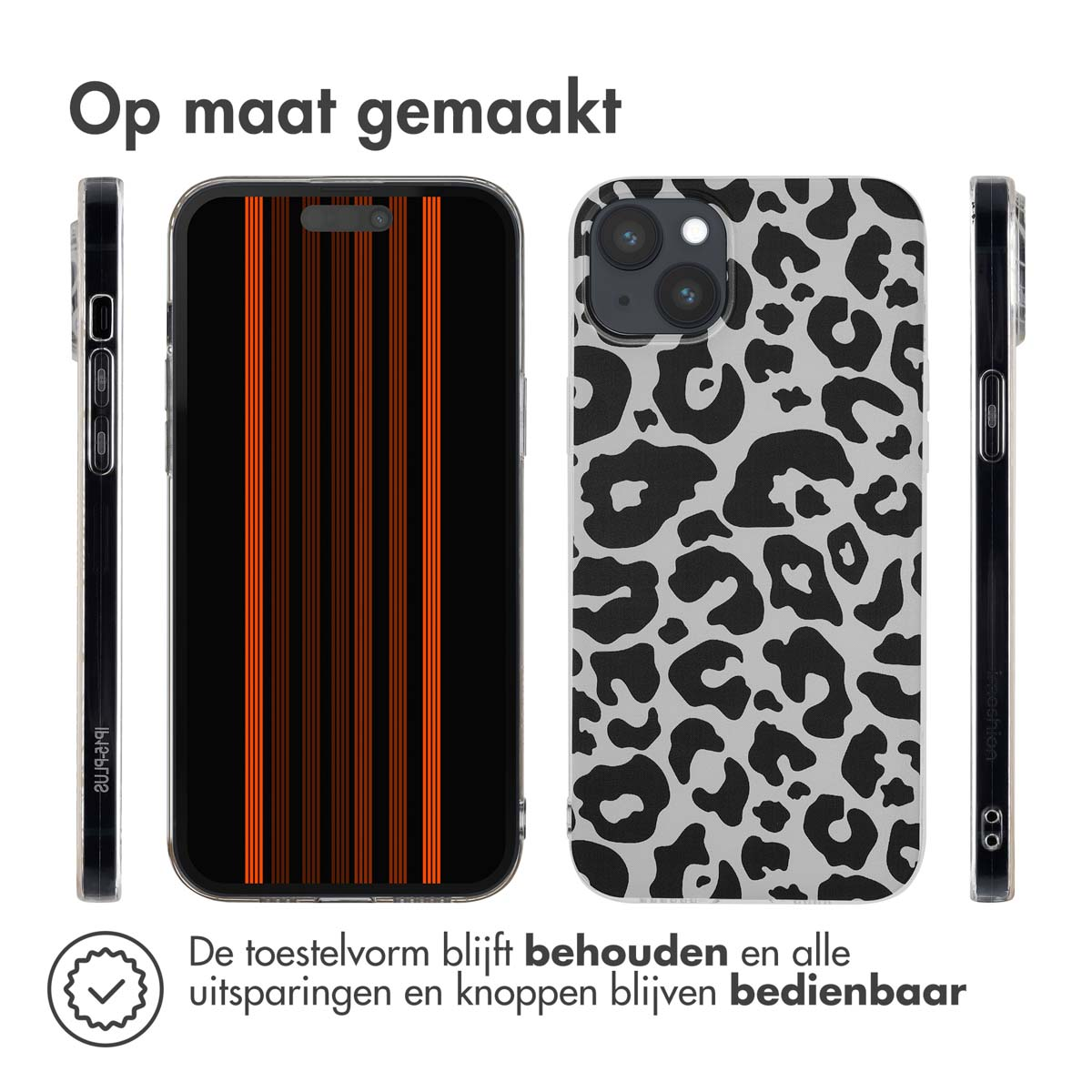Telefoonhoesjes met verschillende ontwerpen. Zwart, luipaard en oranje strepen. Witte achtergrond.