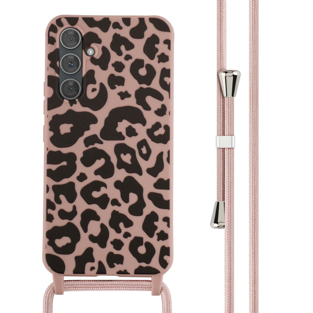 Roze telefoonhoesje met een luipaardprint, met een roze koord.