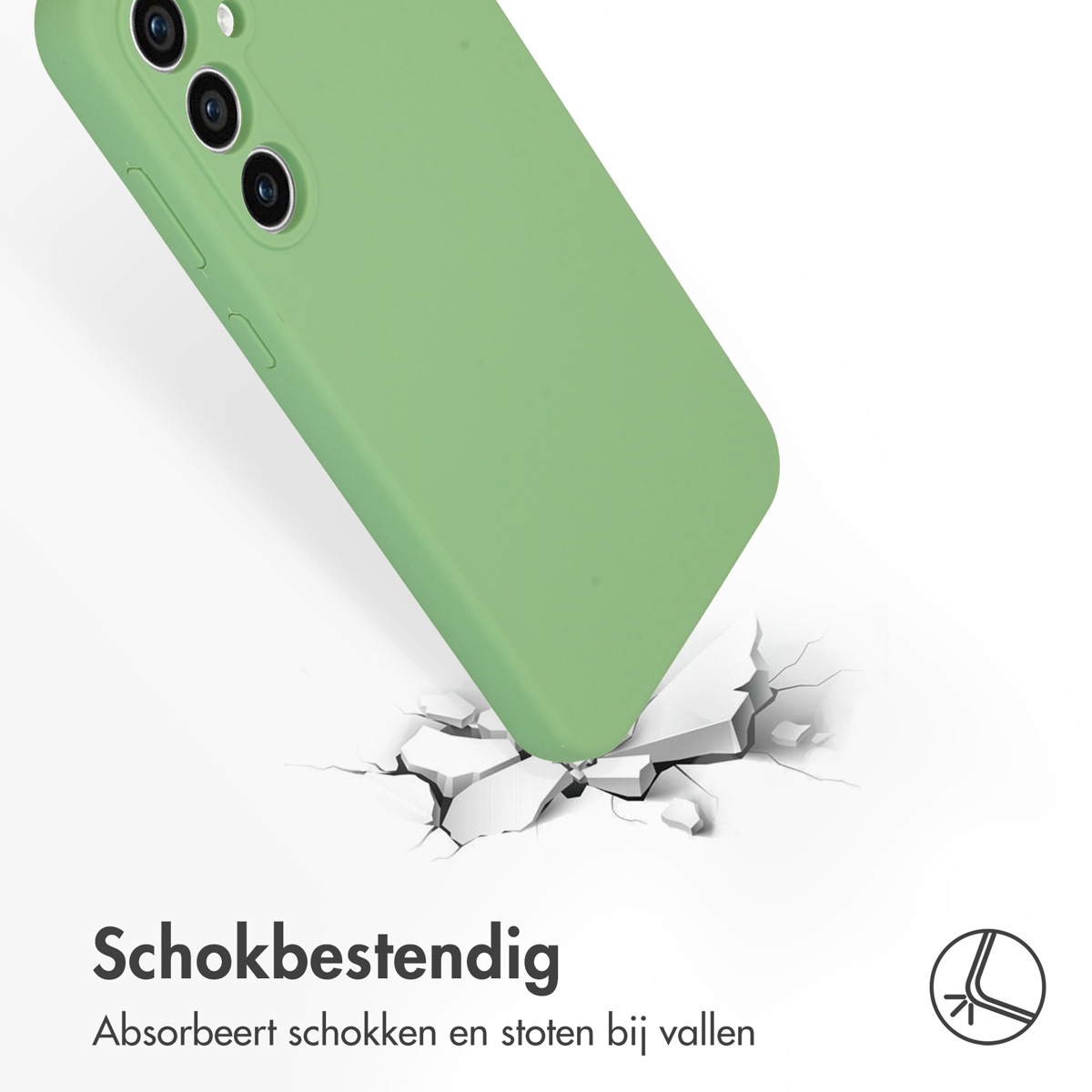 Groene telefoonhoes, impact op de vloer, schokbestendig, tekst in het Nederlands.