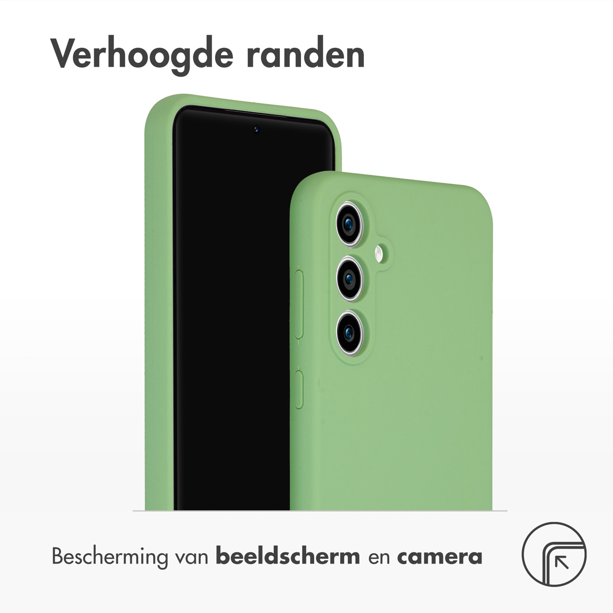 Groene telefoonhoes met een telefoon erin. Tekst: bescherming van scherm en camera.