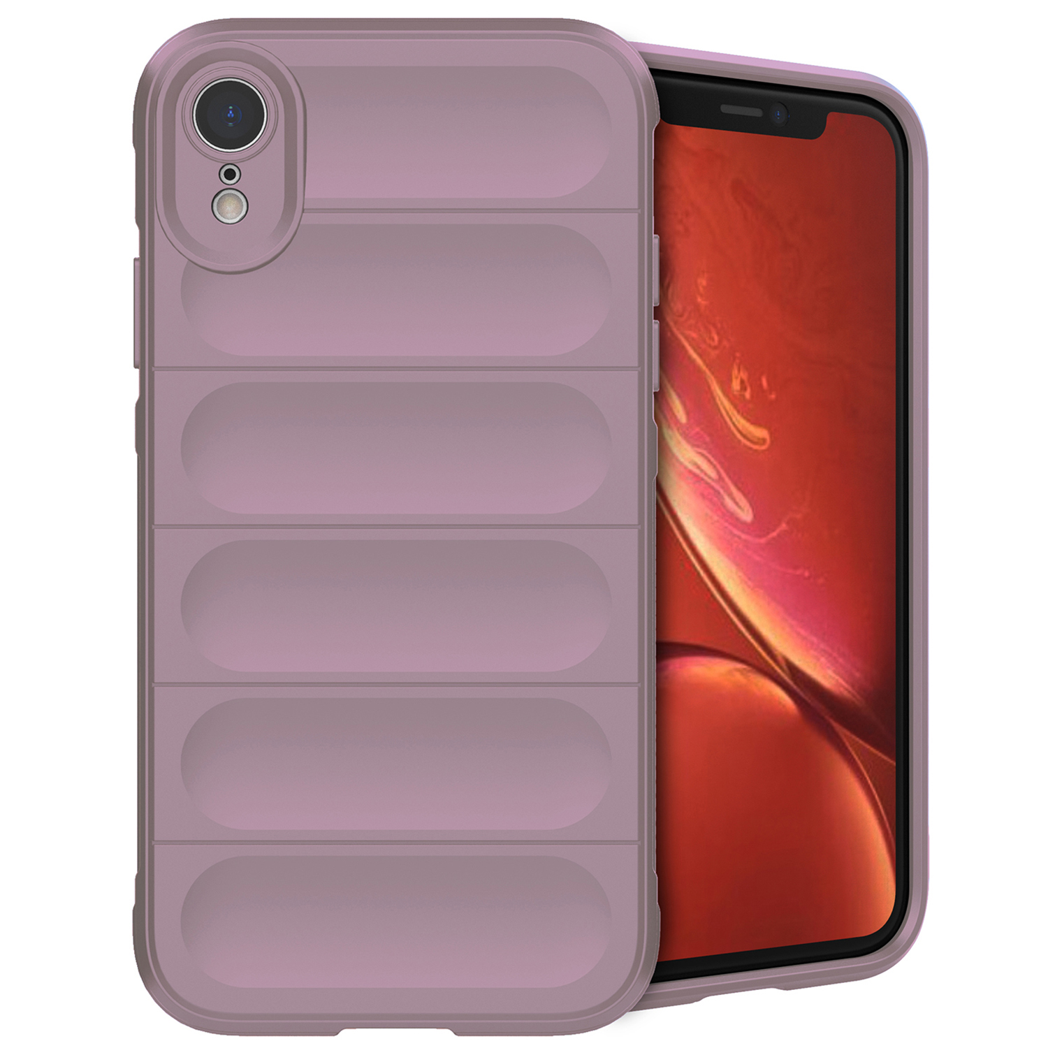 Lila Handyhülle mit Handy darin. Die Hülle hat ein geriffeltes Design, der Bildschirm ist sichtbar.
