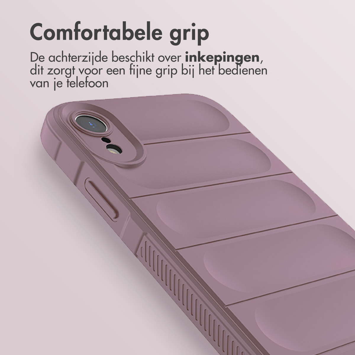 Nahaufnahme einer lila Handyhülle, zeigt geriffeltes Design. Die Hülle hat Kamera und Knöpfe.