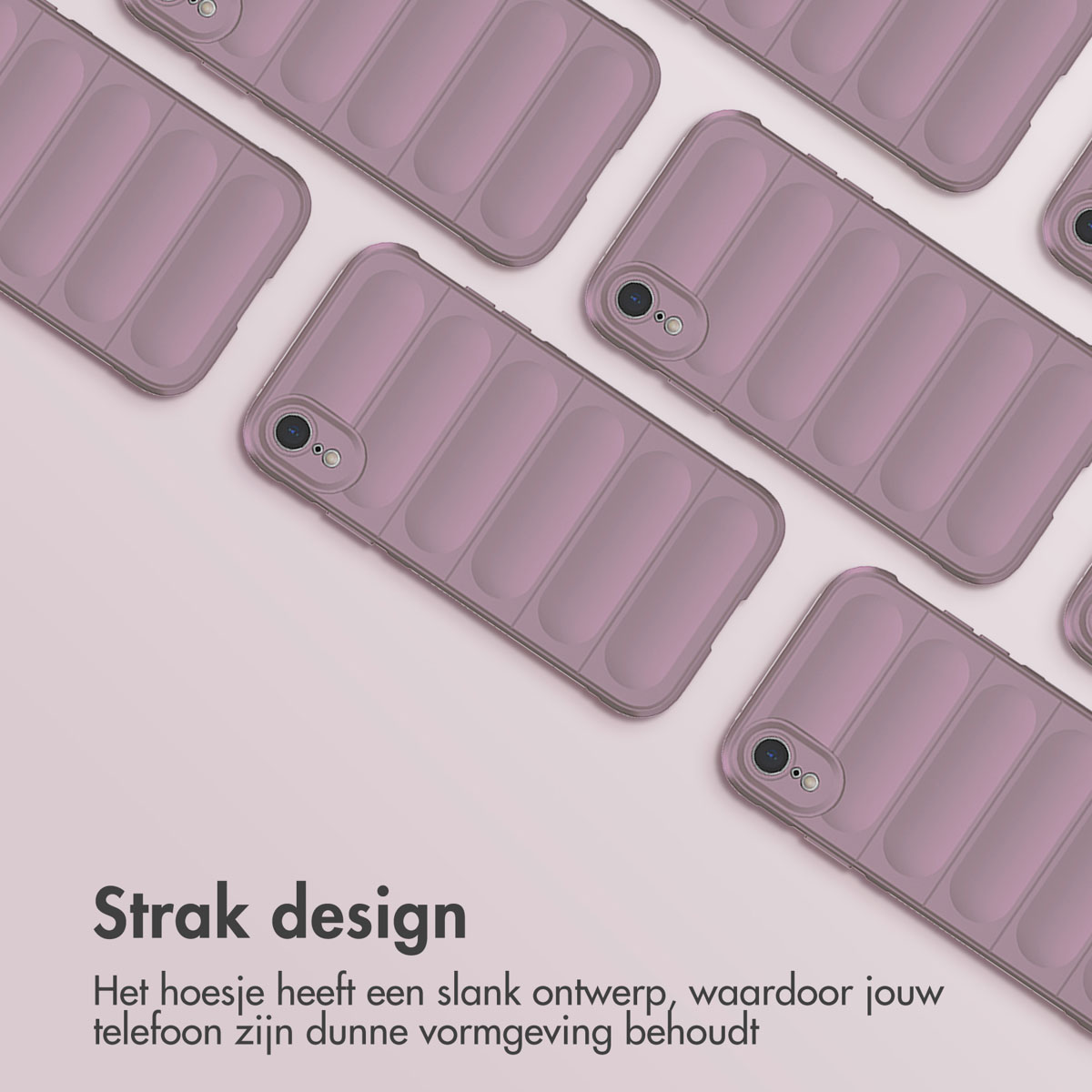 Mehrere lila Handyhüllen, zeigen Kamera und strukturiertes Rückendesign, in einem Muster angeordnet.