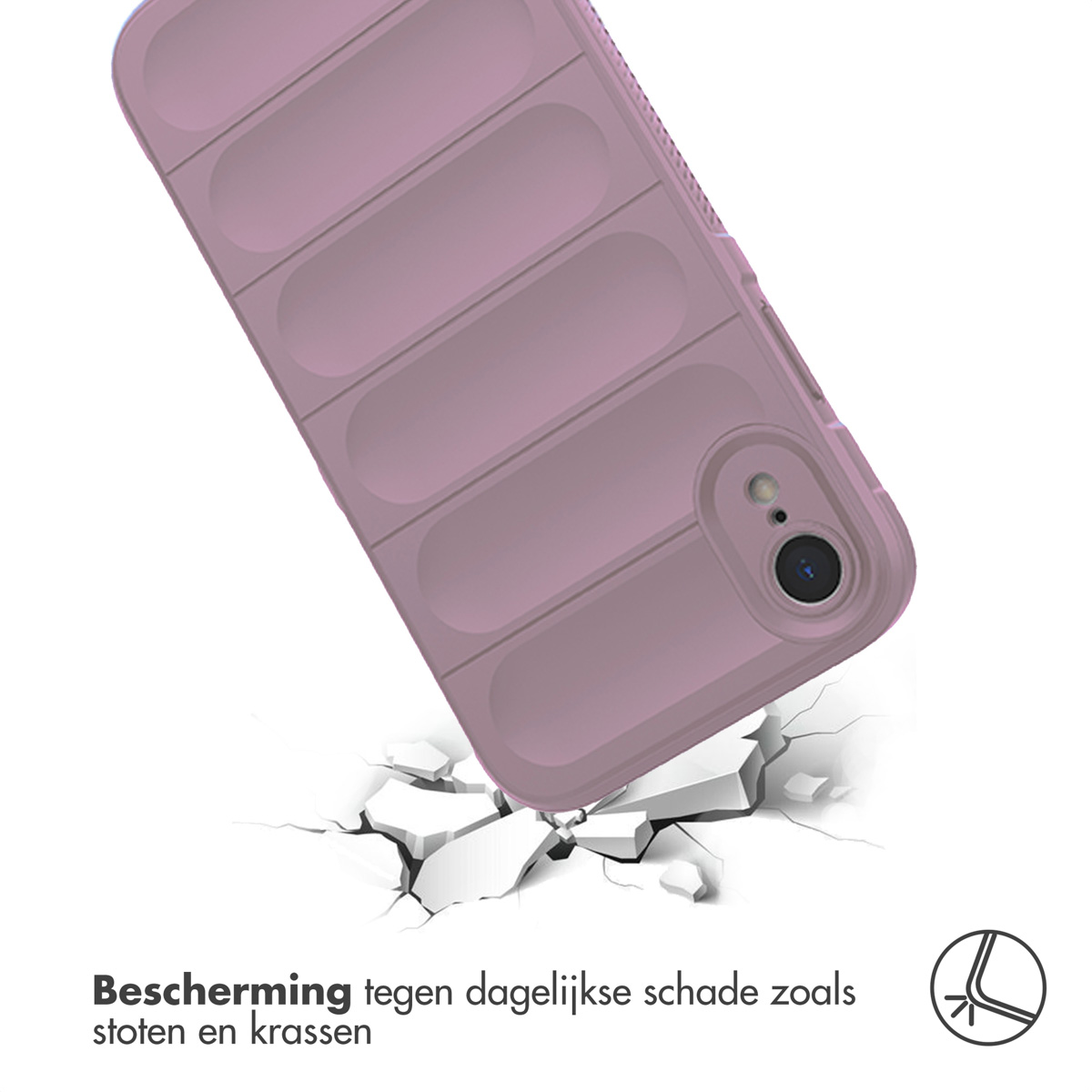 Eine lila Handyhülle mit Design auf der Rückseite. Die Hülle schützt ein Telefon.