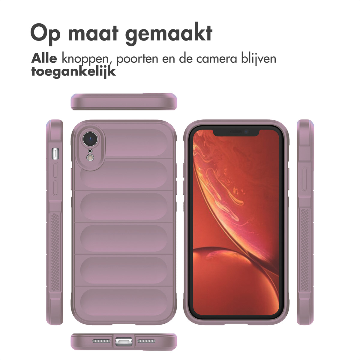 Ein Satz lila Handyhüllen und das Telefon, das sie schützen, zeigt verschiedene Winkel und den Bildschirm.