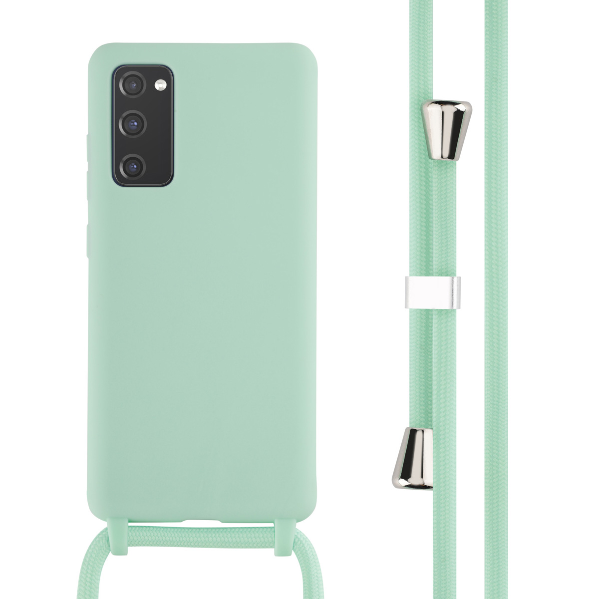 Coque de téléphone vert menthe avec une sangle vert menthe. La sangle est attachée au téléphone.