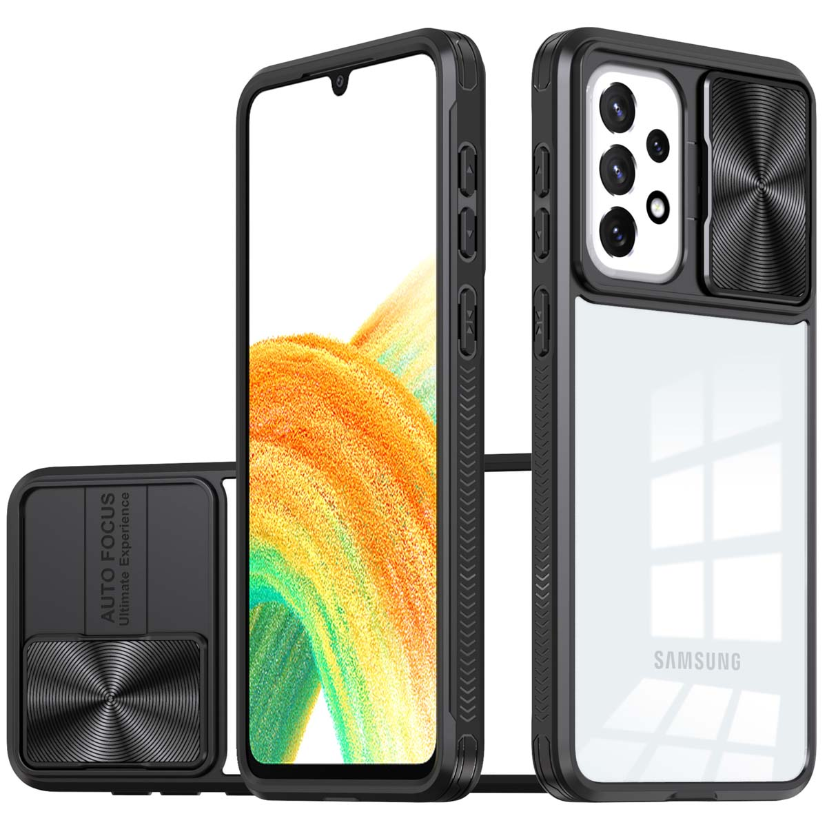 Coque de téléphone avec cache caméra coulissant et une coque transparente, avec texte : Autofocus.