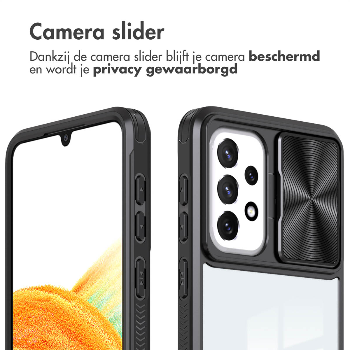 Coques de téléphone noires avec un curseur de caméra. Une coque montre le curseur ouvert, révélant la caméra.