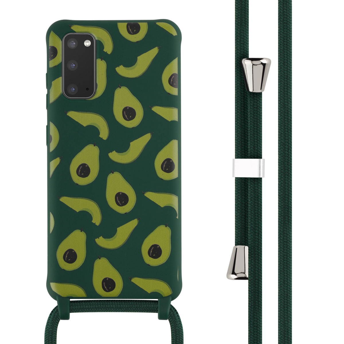 Custodia verde con motivo avocado e cordino verde. Il cordino ha dettagli argento e una clip bianca.