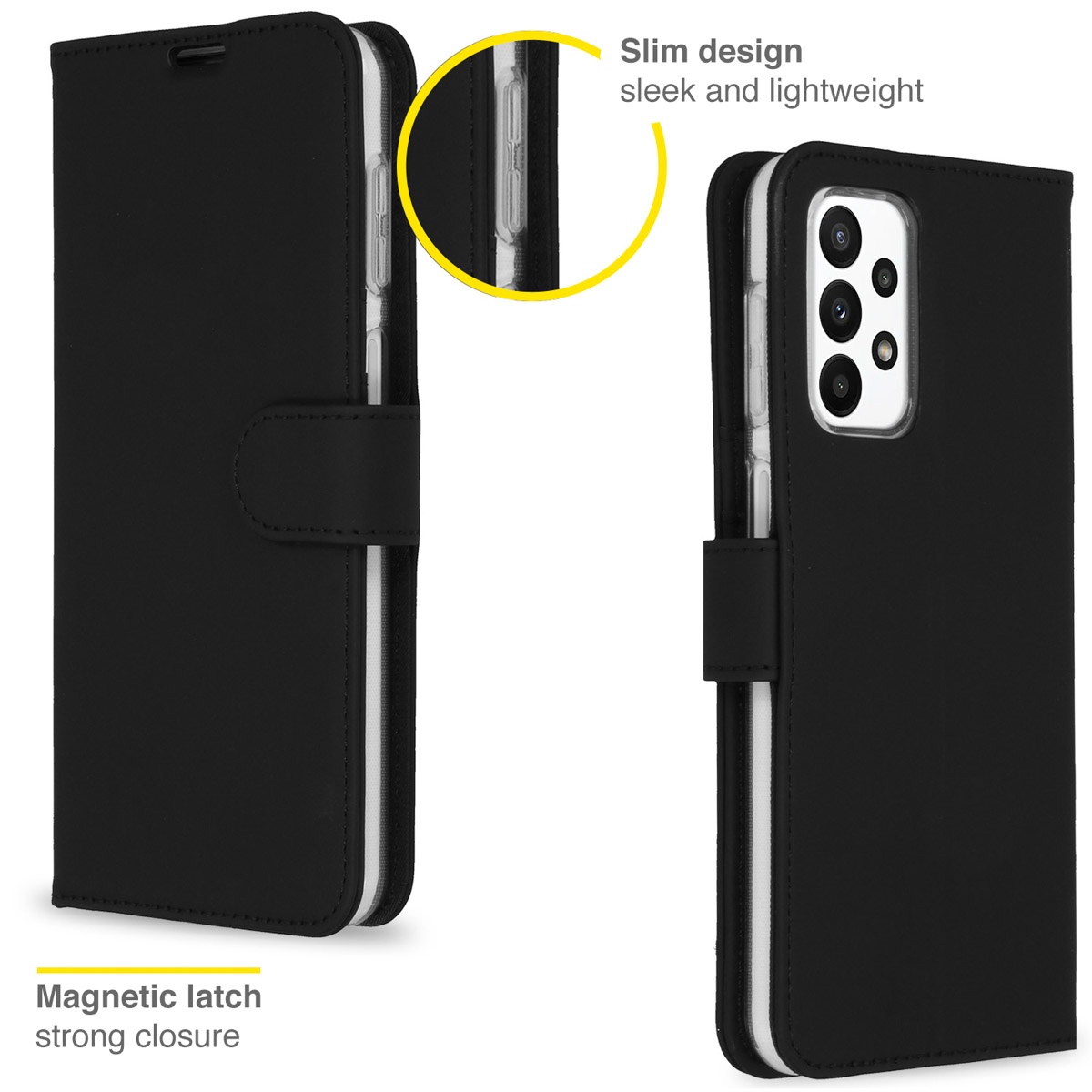 Black phone case with a magnetic latch. The phone is black.