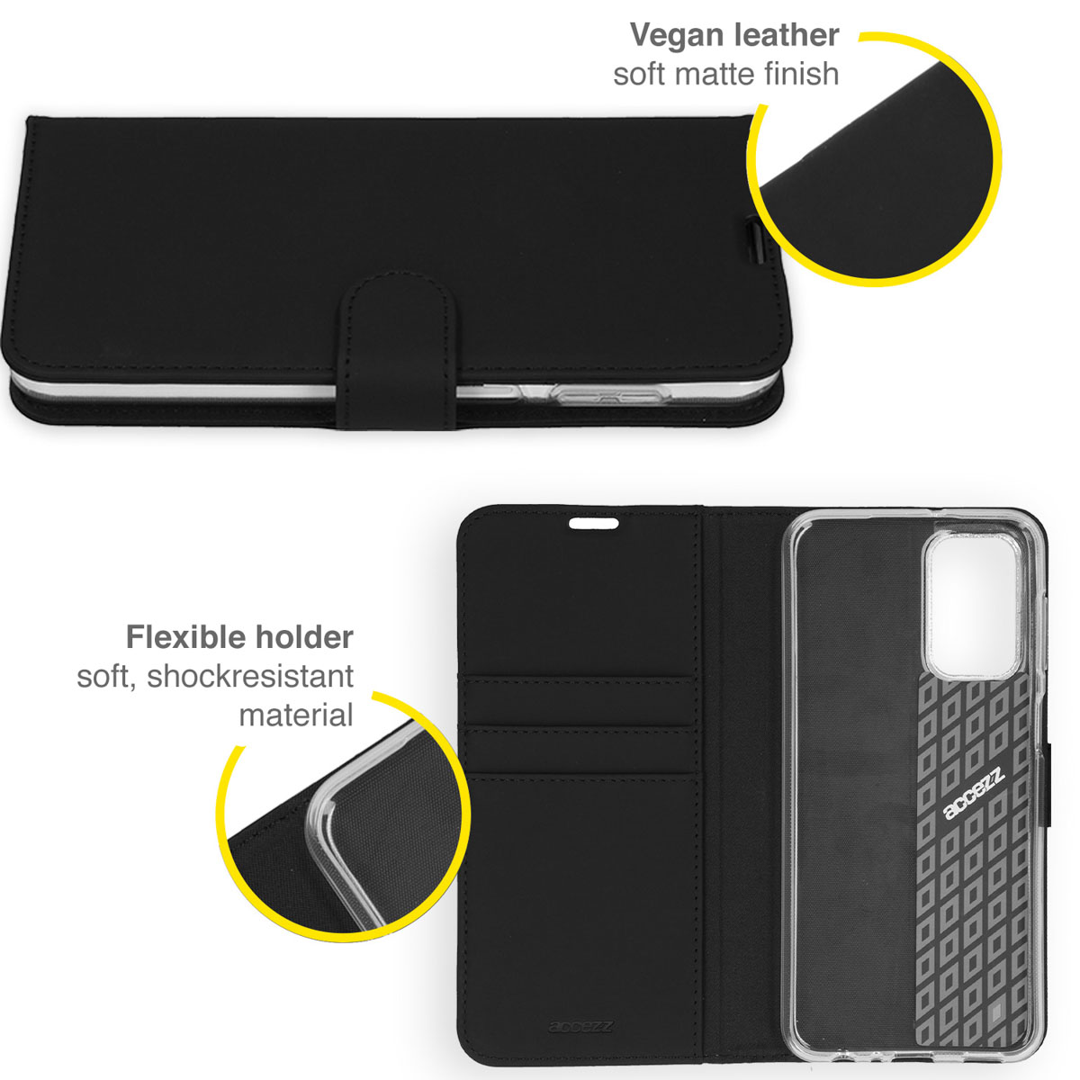 A black phone case made of vegan leather with a soft matte finish. It has a flexible, shock-resistant holder for the phone.