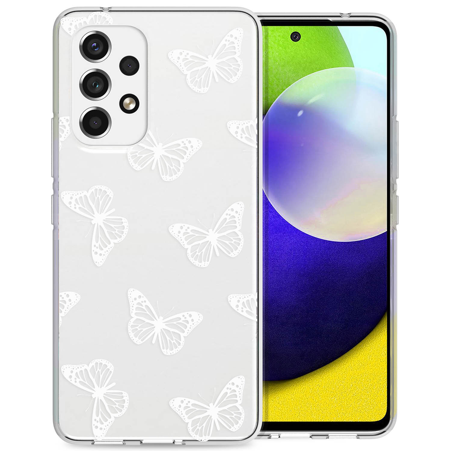 Custodia trasparente con motivo a farfalle bianche su telefono con schermo blu.