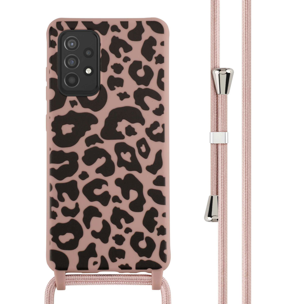 Coque de téléphone rose avec imprimé léopard et cordon rose.