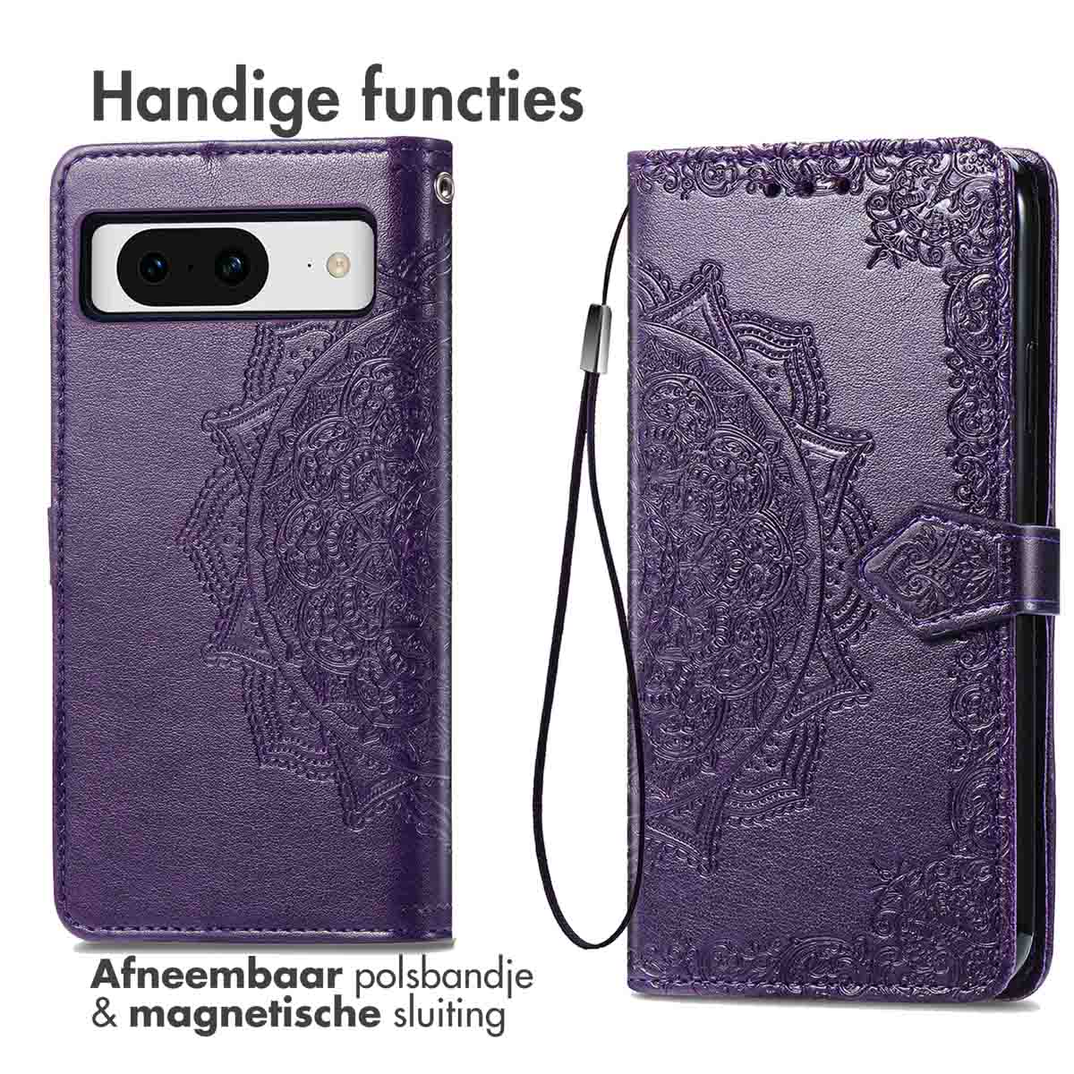 Paarse telefoonhoes met mandala-patroon en afneembare polsband.