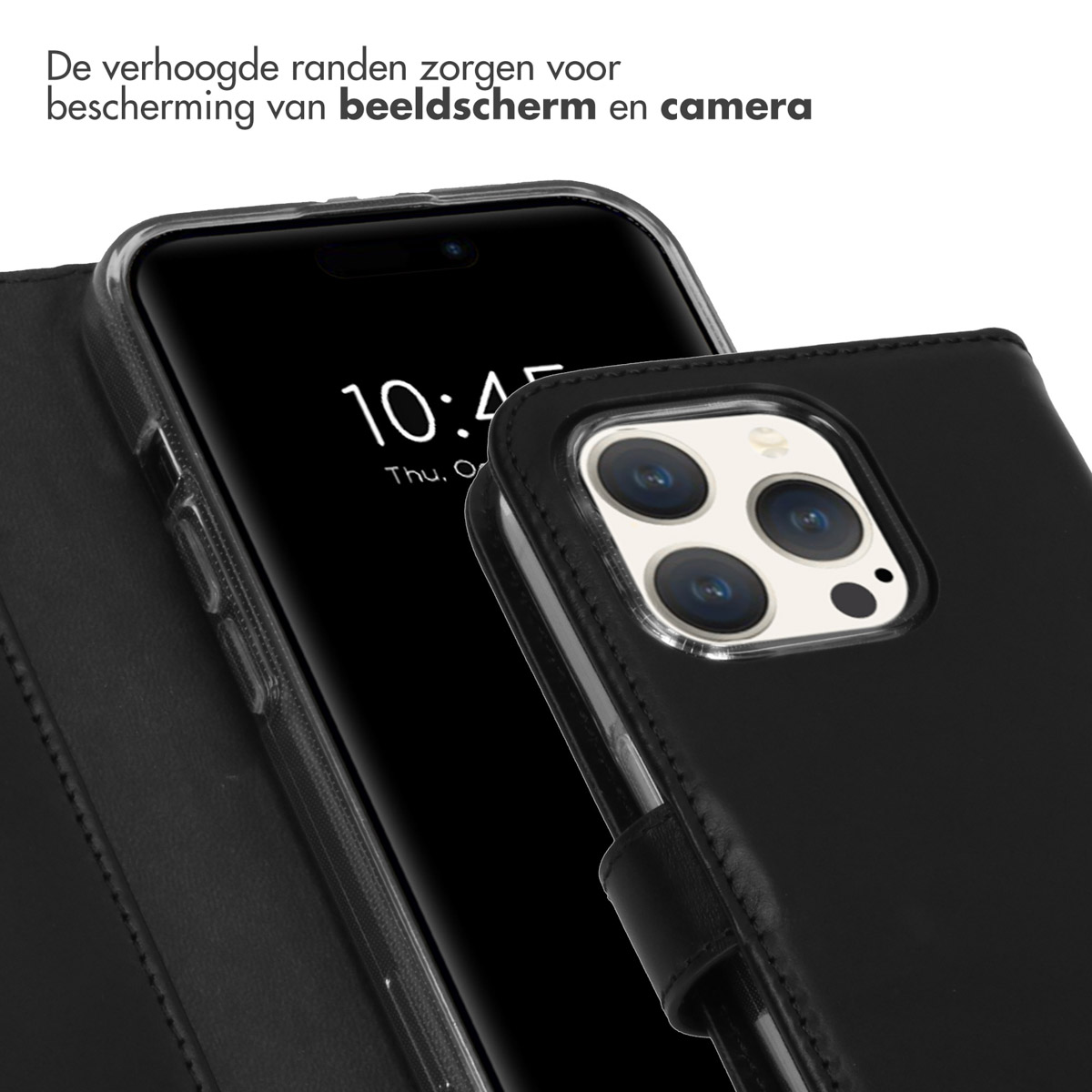Primo piano di un telefono nero in una custodia di pelle nera. Schermo 10:47.