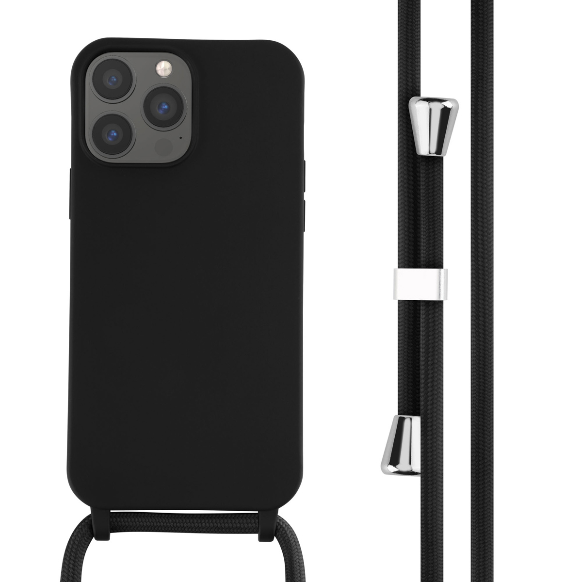 Coque de téléphone noire avec un cordon noir. Le téléphone a plusieurs caméras.