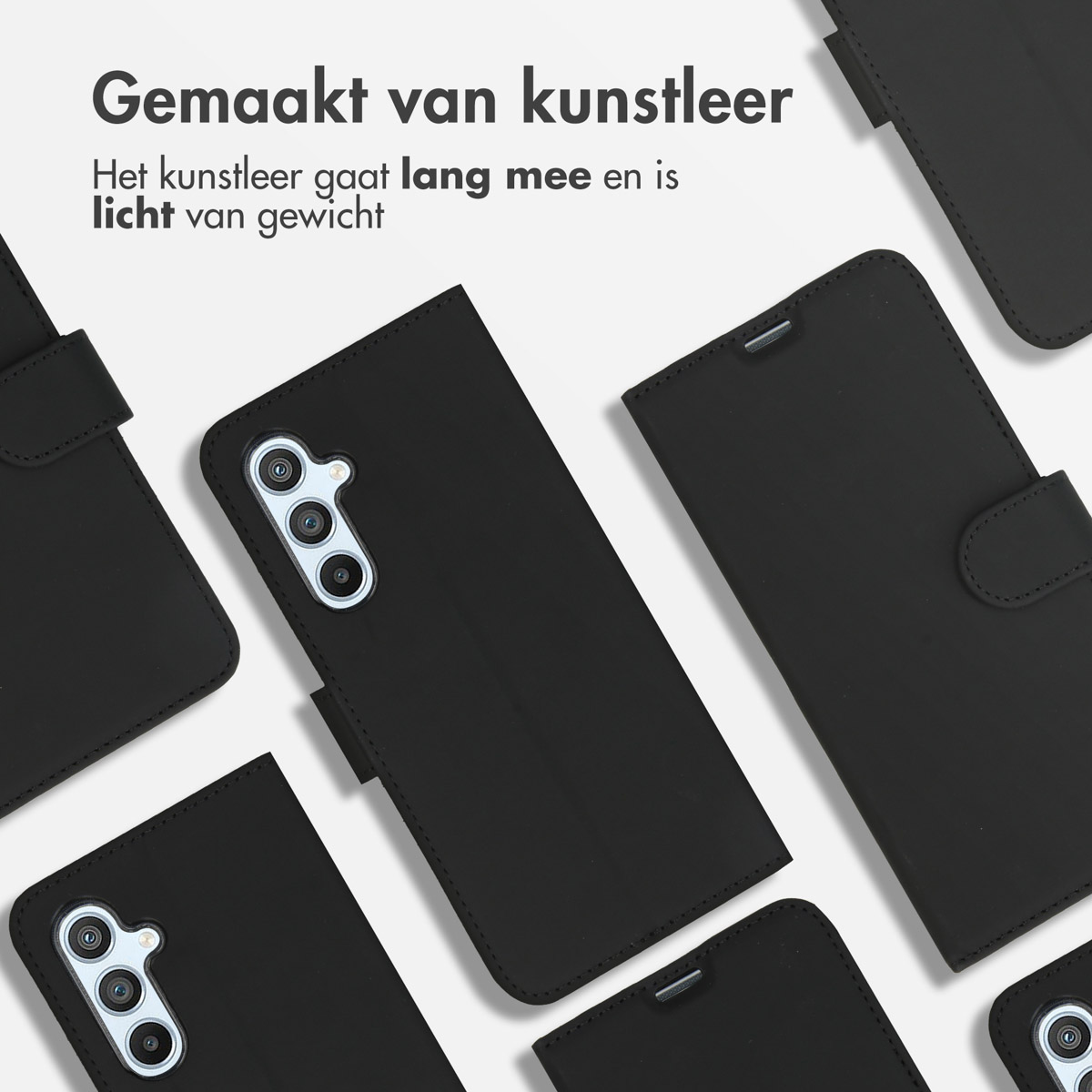 Zwarte leren telefoonhoesjes gestapeld, de telefoon tonend. De telefoon is zwart.