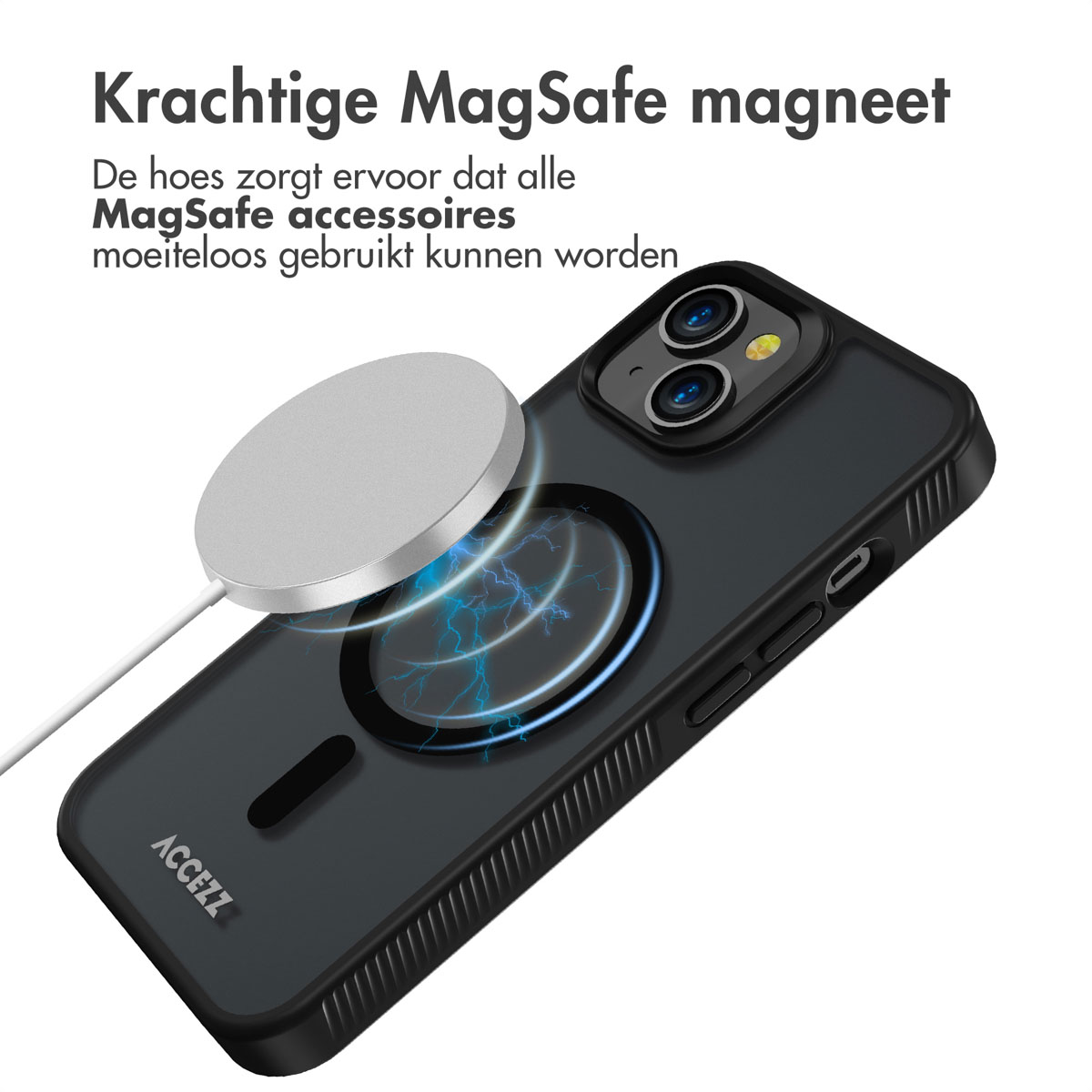 Coque de téléphone noire avec un chargeur MagSafe argenté. Énergie bleue en forme d'éclair. Texte : 'Krachtige MagSafe magneet'.