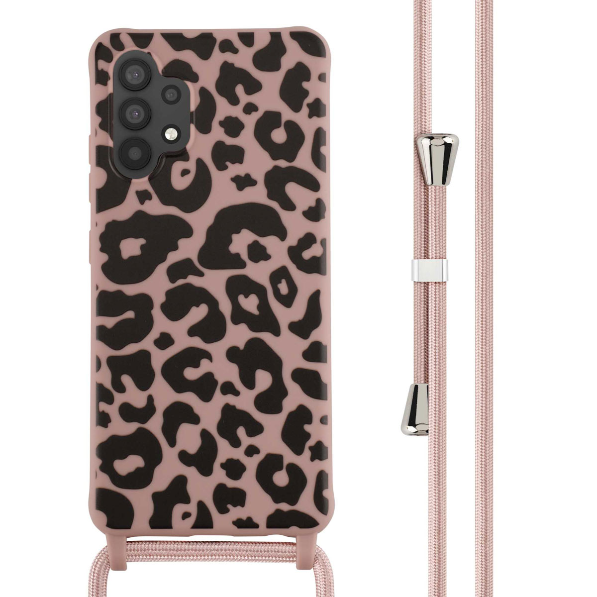 Een roze telefoonhoes met een zwart luipaardprint ontwerp. Een roze band is aan de hoes bevestigd.