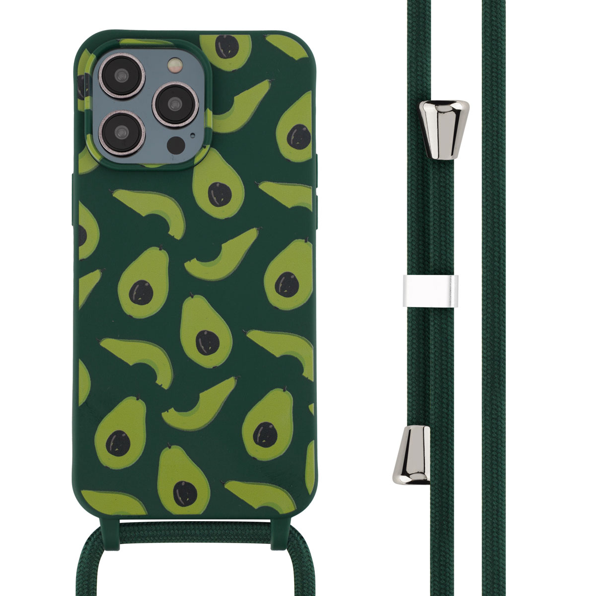 Coque de téléphone verte avec motif avocat et sangle verte. Fond blanc.