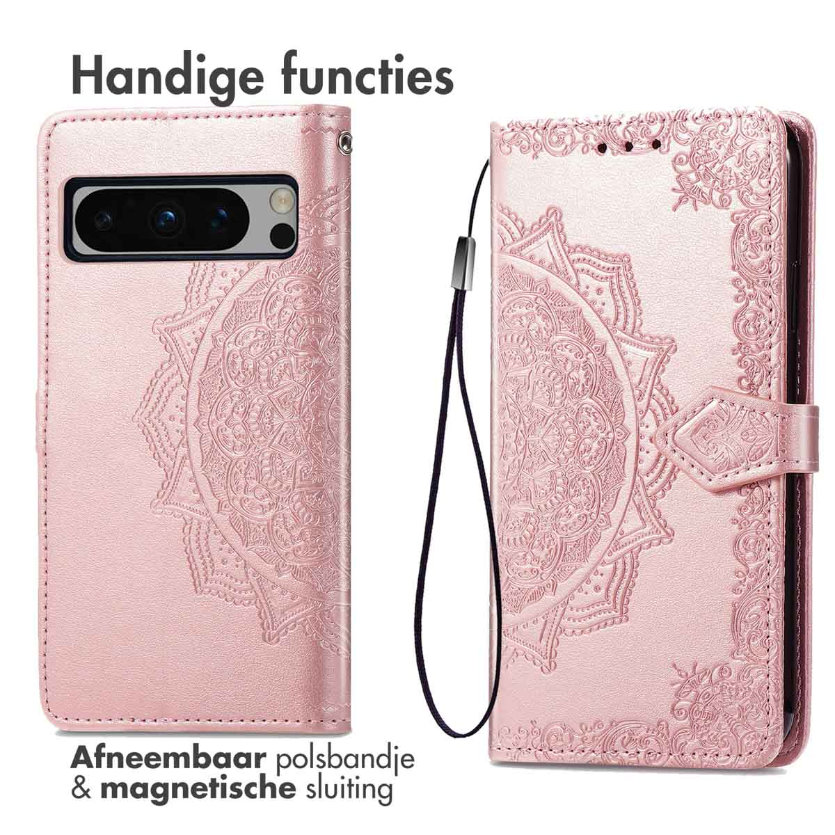 Een roze telefoon flipcase met mandala-reliëf en afneembare polsband.