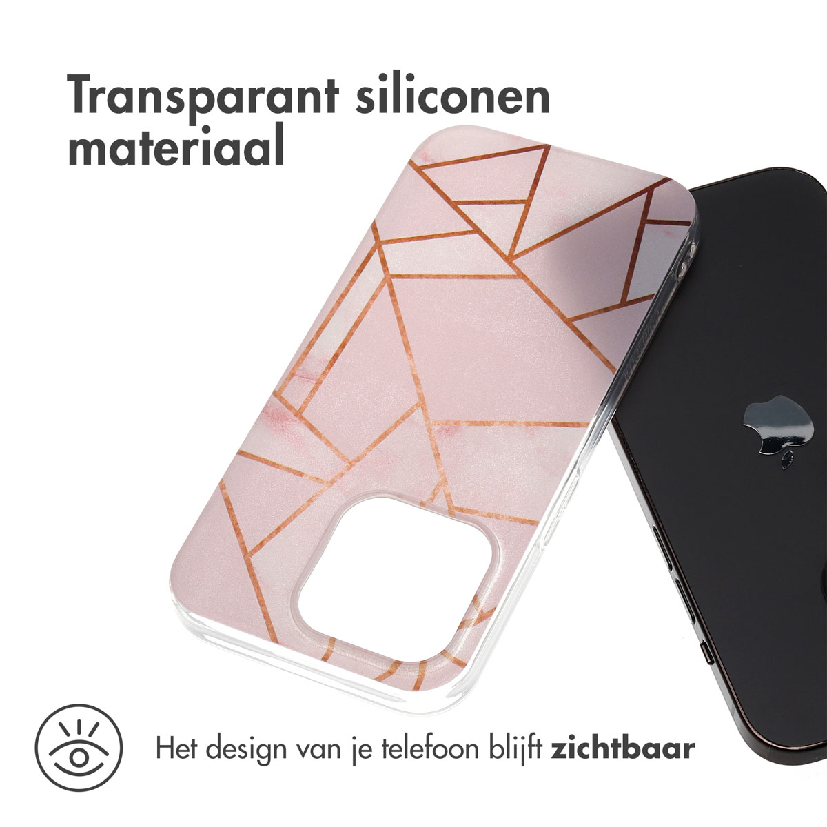 Een roze telefoonhoesje met marmerpatroon. Het ontwerp is zichtbaar.