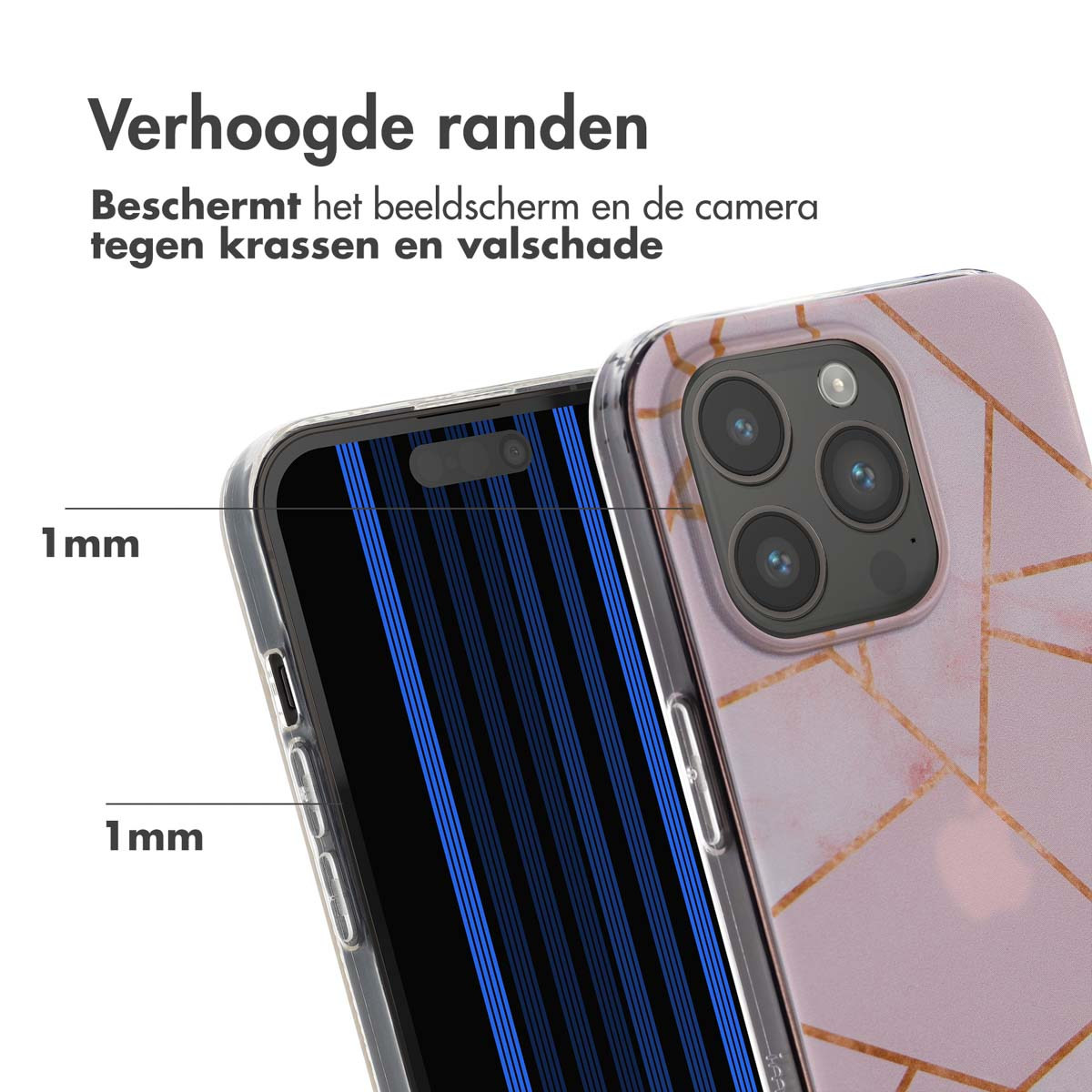 Telefoonscherm met tijd en een hoesje. Tekst: Verhoogde randen. Beschermt scherm en camera.