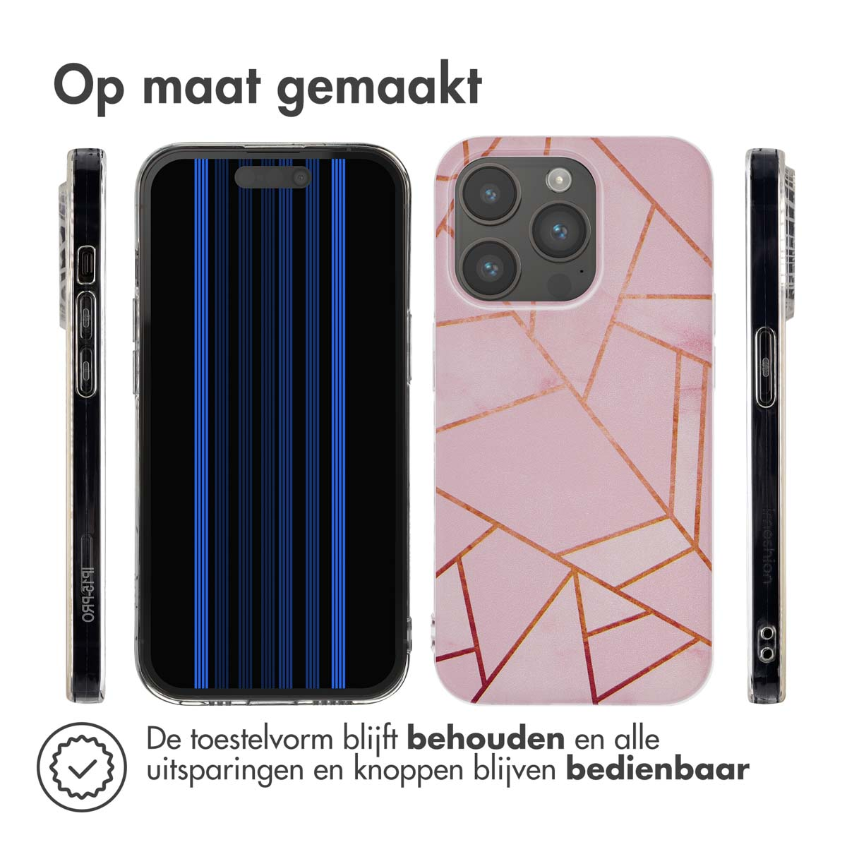 Telefoonhoesjes, telefoon in het midden, roze marmeren hoesje rechts, zwarte hoes met lijnen links.