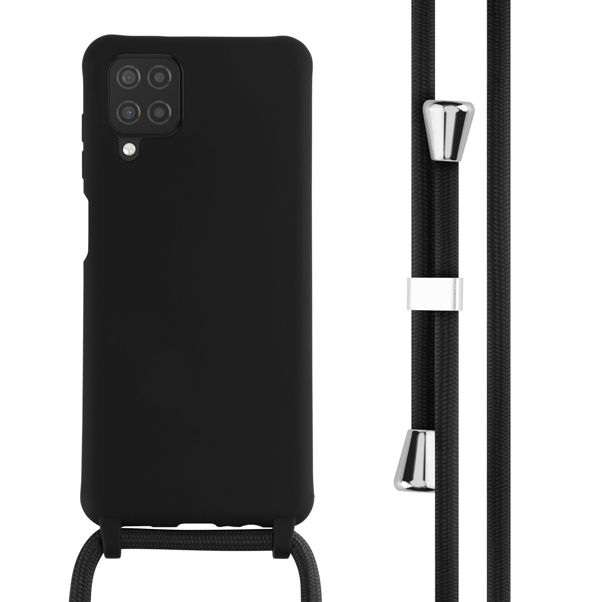 Coque de téléphone noire avec une corde noire attachée. La coque a une surface lisse.