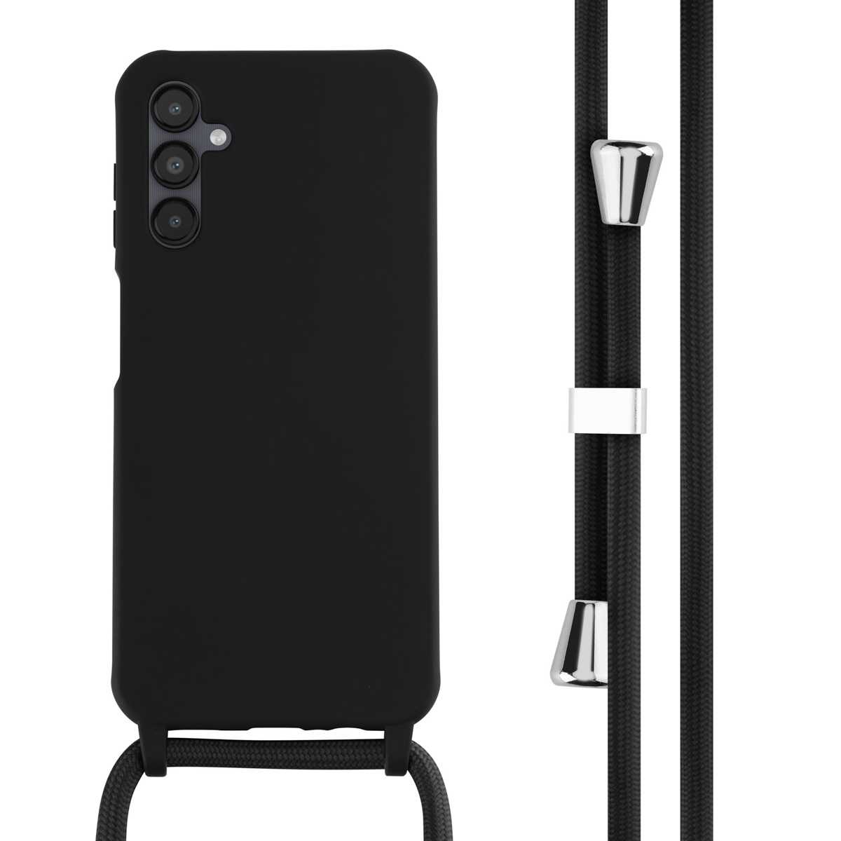 Coque de téléphone noire avec une sangle noire. Accents argentés. Fond blanc.