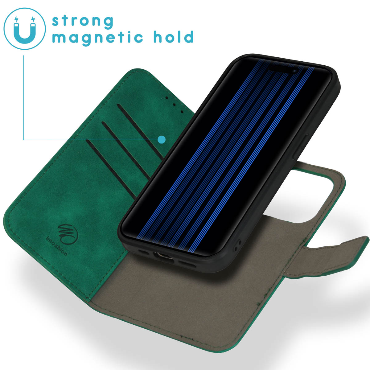 Groene telefoonhoes met magneetsluiting en smartphone met blauwe lijnen op scherm.