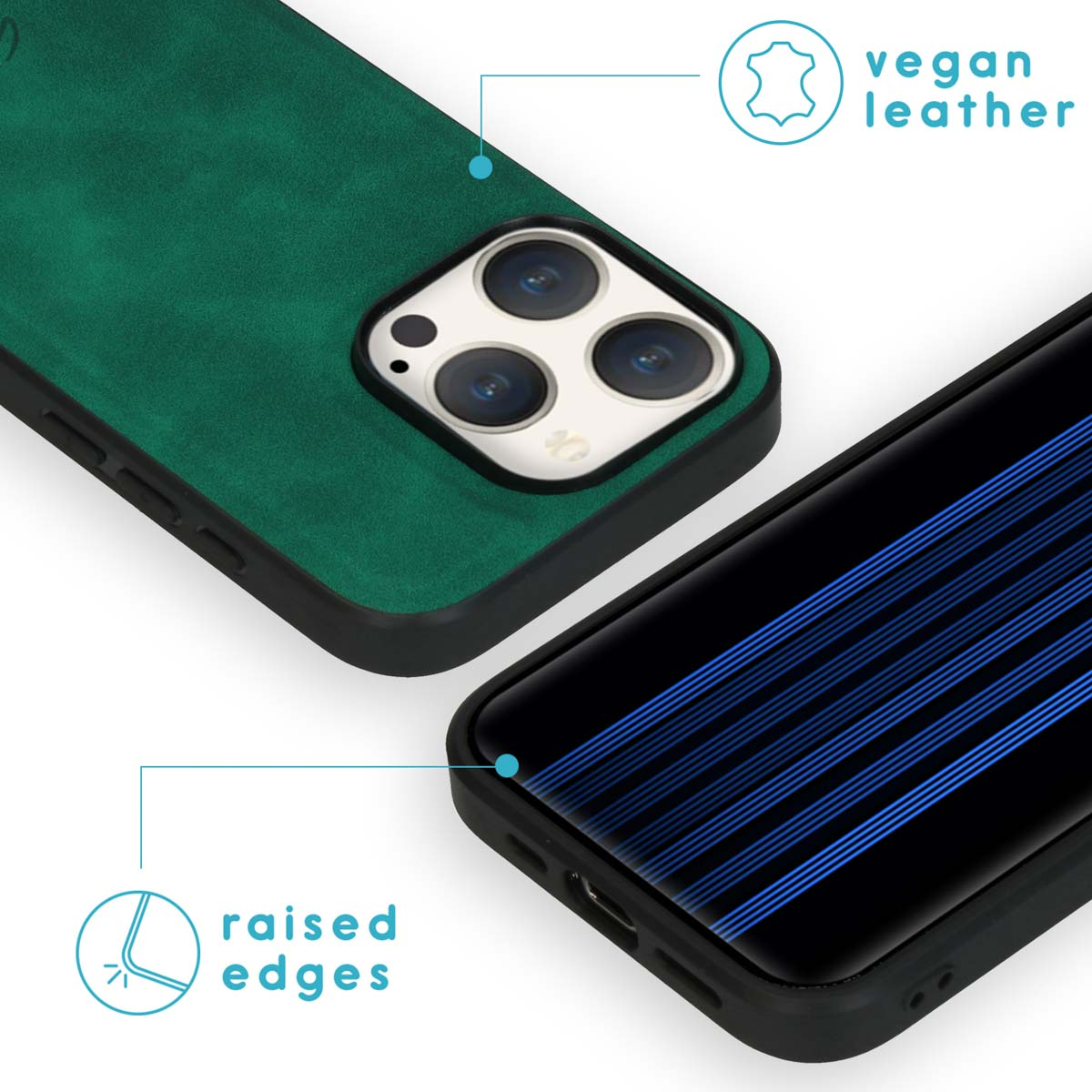 Groene vegan lederen telefoonhoes met verhoogde randen en camera-uitsparing.