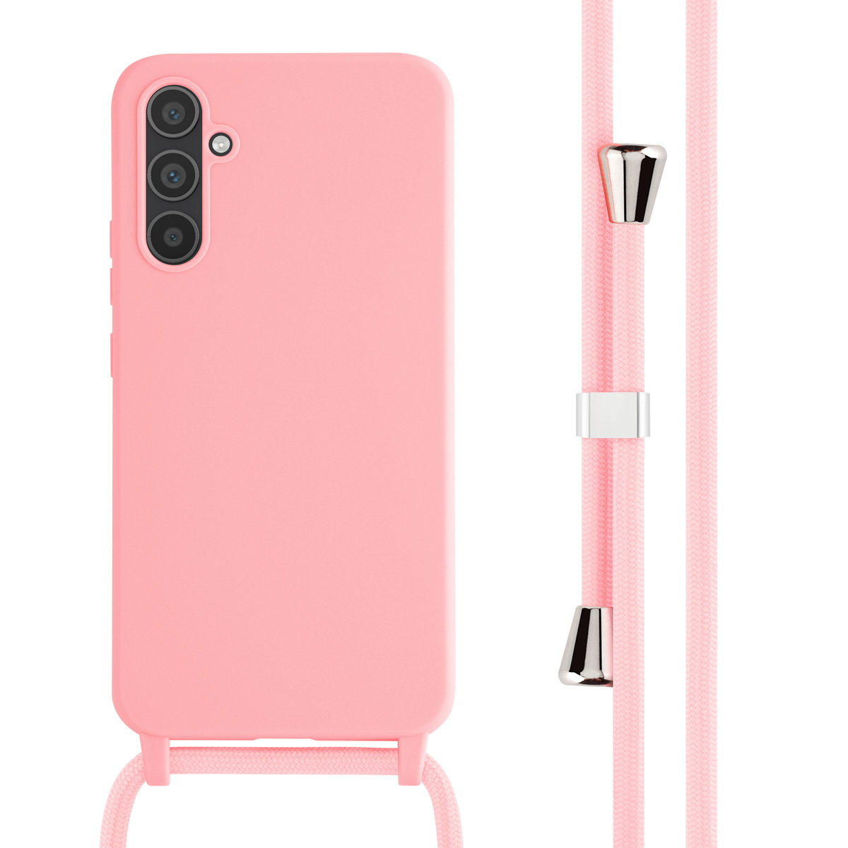 Een roze telefoonhoesje met een bijpassend roze koord. Het hangt aan de telefoon.