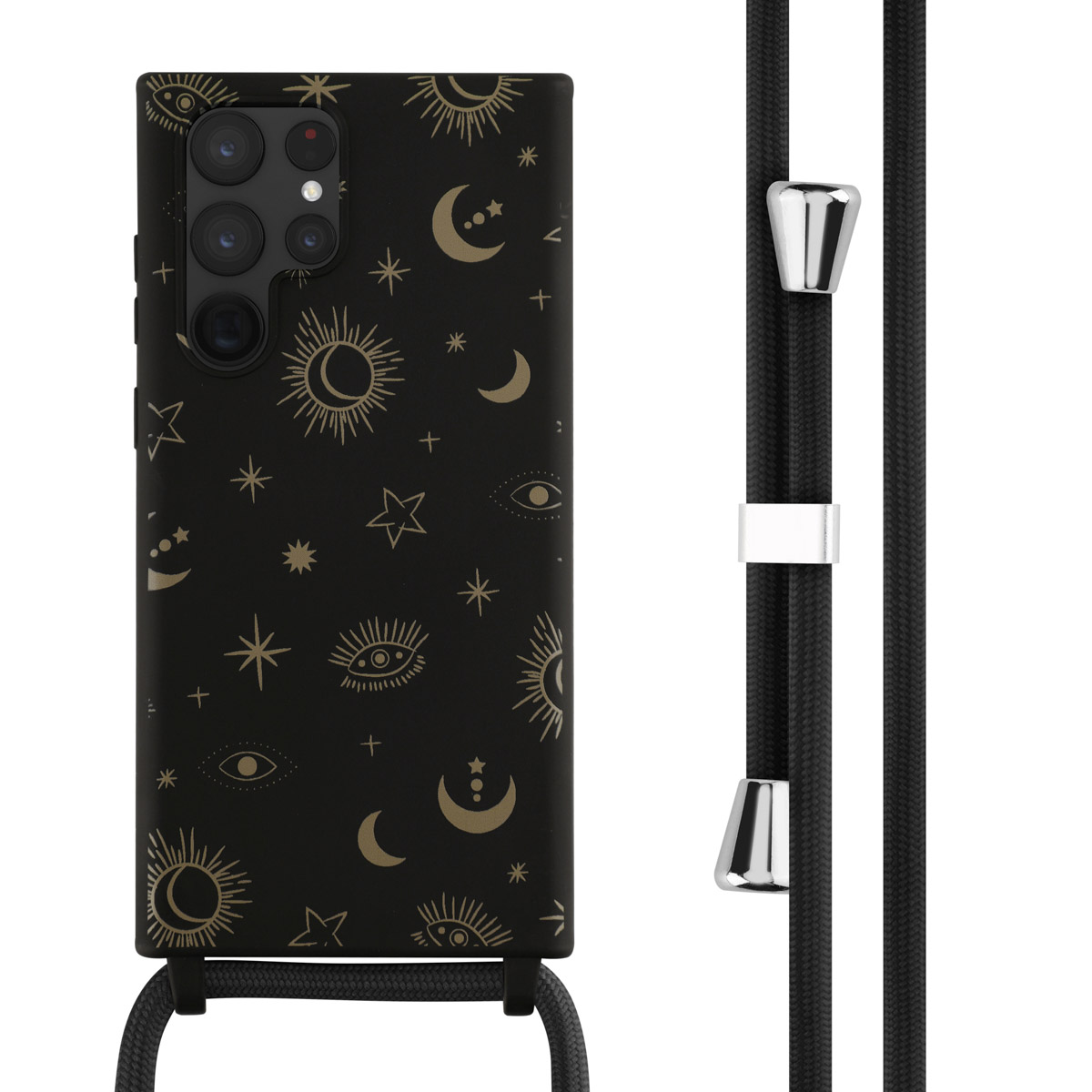 Zwarte telefoonhoes met hemels ontwerp. De telefoon heeft een riem.