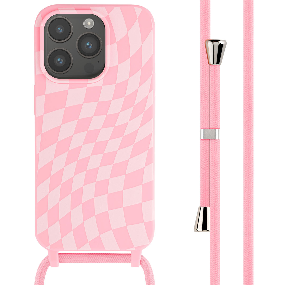 Roze telefoonhoesje met een ruitpatroon en een roze koord om de telefoon te dragen.
