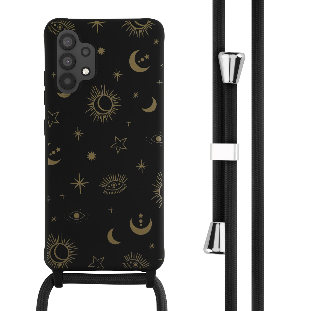 Zwarte telefoonhoes met gouden hemels ontwerp. Zwart koord met zilveren bevestigingen.