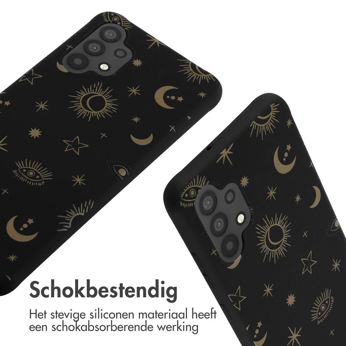 Twee zwarte telefoonhoesjes met gouden hemelse patronen. Close-up.