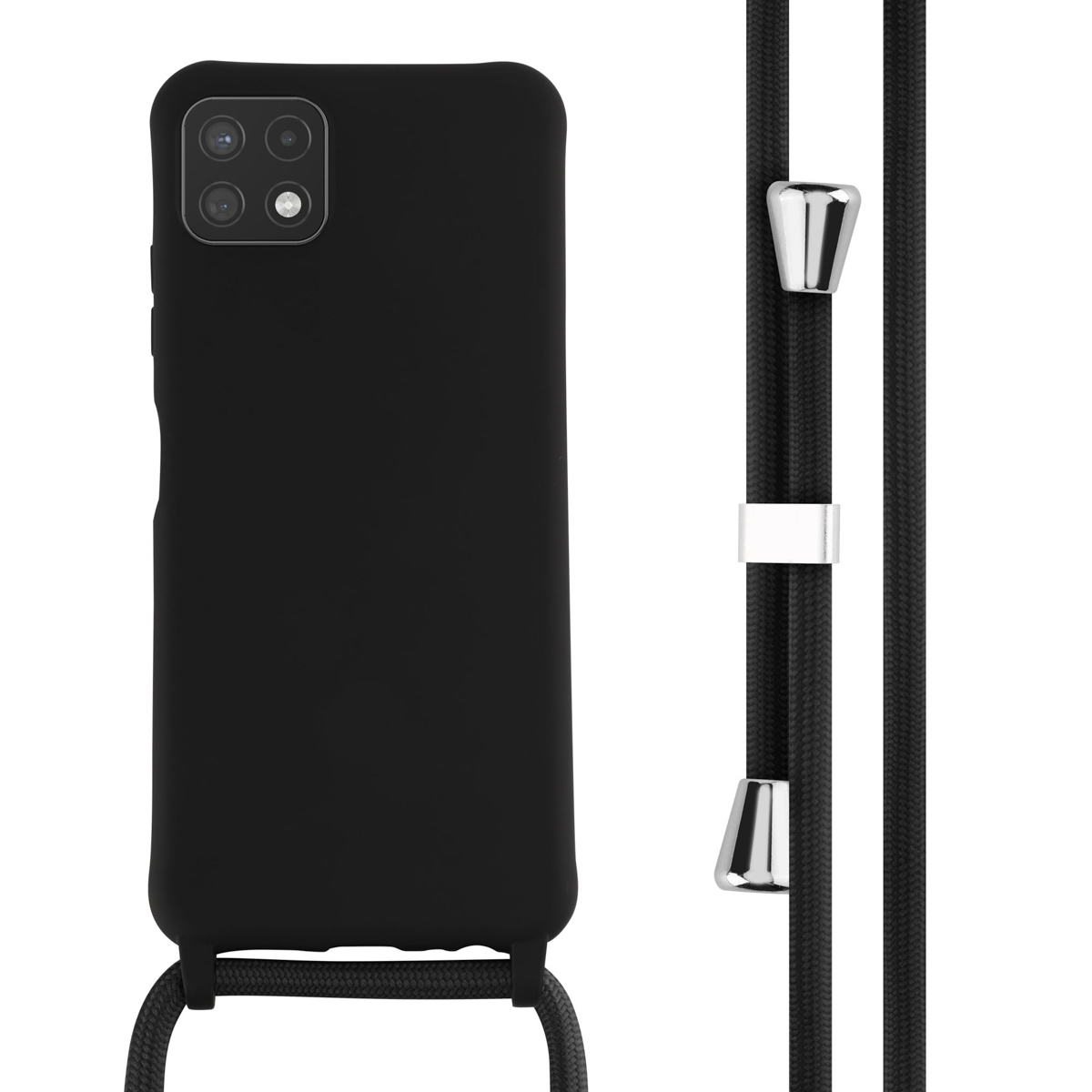 Zwarte telefoonhoes met een zwarte band. Zilveren accenten. Witte achtergrond.