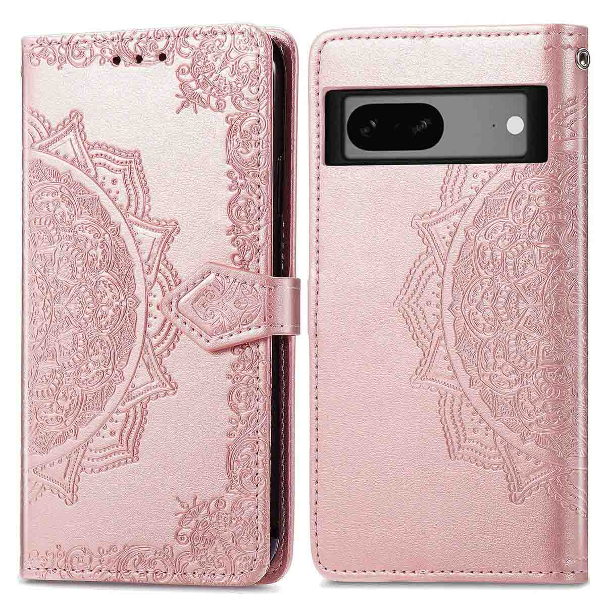 Offene rosafarbene Handyhülle mit Mandalamuster, zeigt Handy und Hülldetails.