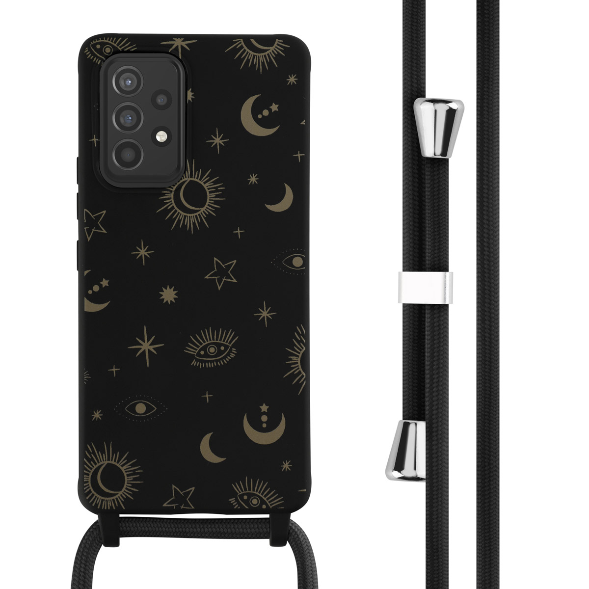 Coque de téléphone noire avec motif soleil et lune, cordon noir avec détails argentés.