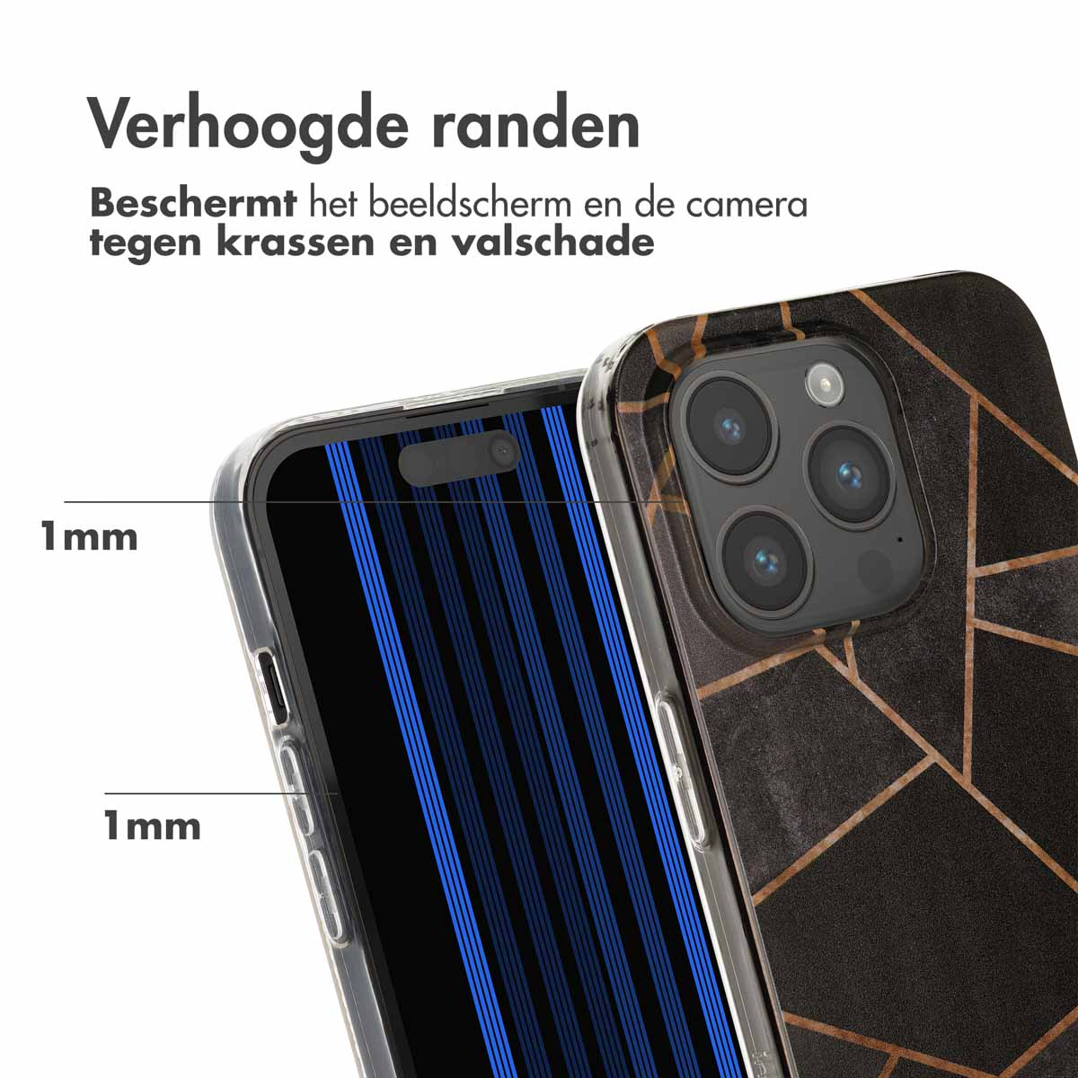 Close-up van een telefoonhoesje op een telefoon. De hoes is zwart en heeft een geometrisch ontwerp.